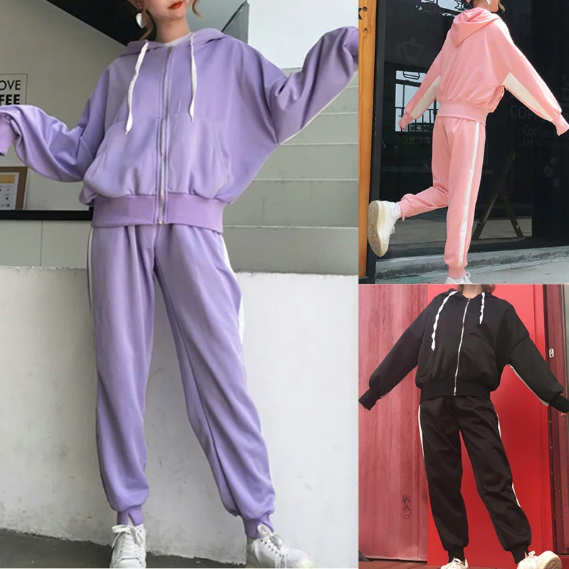 

Women's Tracksuits Athletic Sport Suit Girls Zipper Sweatshirt+Drawstring Calf Length Pants Patchwork Autumn Running Jogging Set
