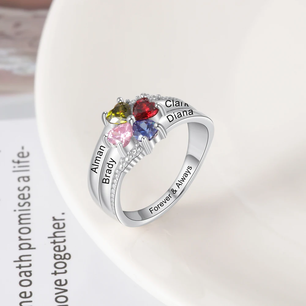 JewelOra Customized Family Name Mothers Ring with 4 Heart Birthstones Silver Color Personalized Engraved Rings for Women Gifts - Image 5