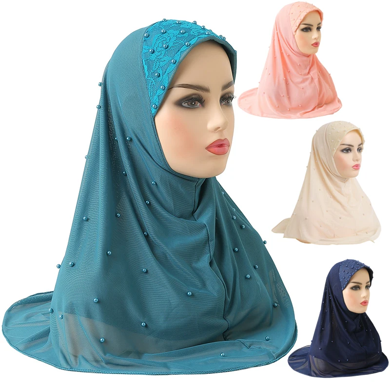 

Gauze 2 Layer Muslim Women Hijabs Scarf Beads Decor Turban Head Wrap Islam Arabic Jersey Hijab Cap Net Yarn Headscarf Headband