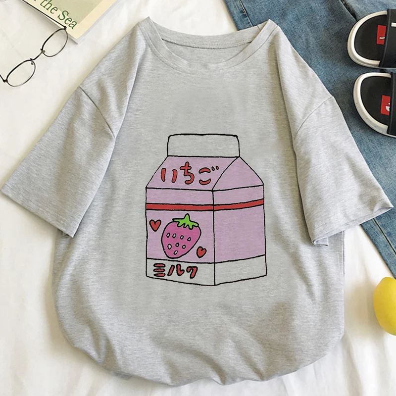 Japan Strawberry Juice Graphic Print T-shirt Women 2020 New Summer Fashion Tshirt Tee Harajuku Aesthetic Pink Top Female T Shirt