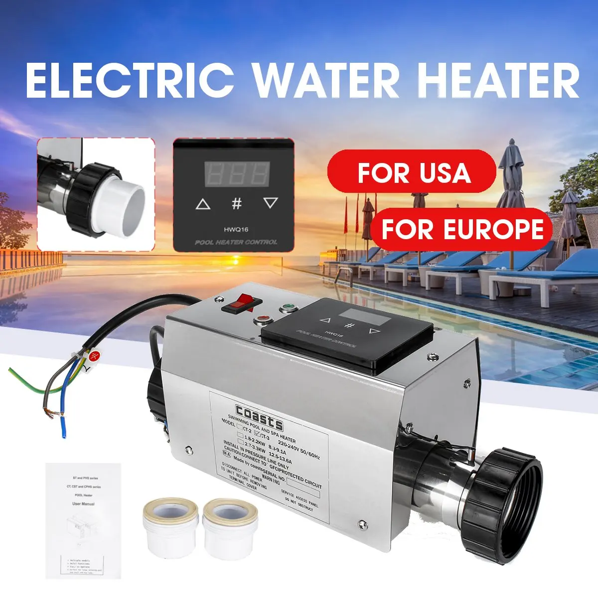 220V Swimming Pool Electric SPA Heater Heating Thermostat 3KW Fix Temperature US 