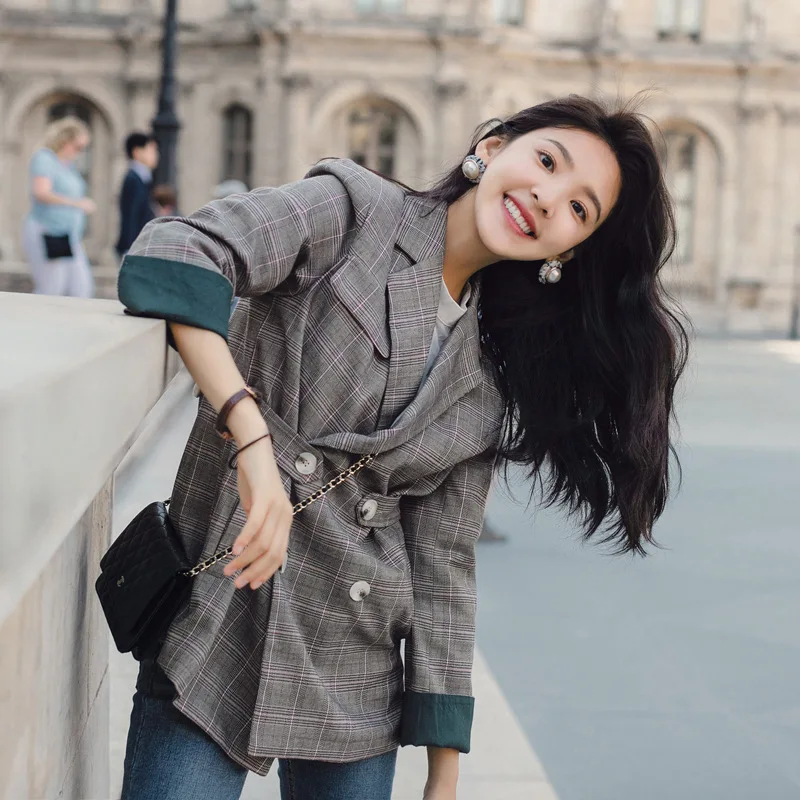 

Photo Shoot 2019 Spring Clothing New Style Korean-style CHIC Long Sleeve Plaid Suit Jacket Women's Casual Loose-Fit Pattern Suit