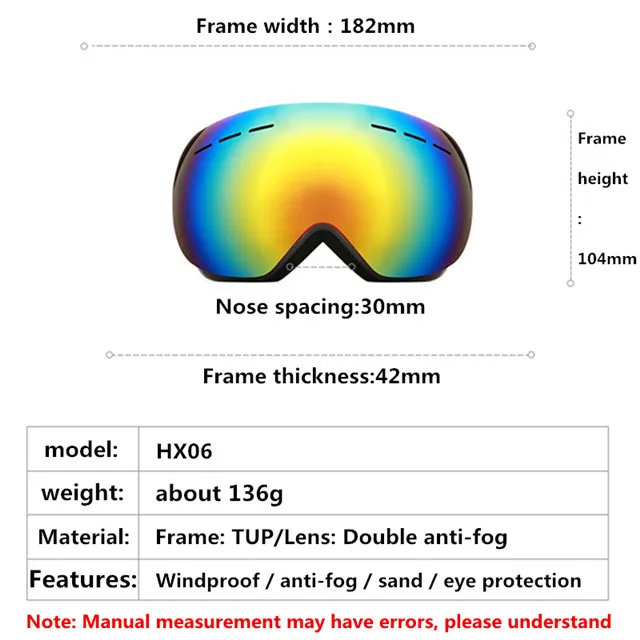Унисекс взрослых лыжные очки большие сферические очки могут быть карты близорукость/HX06 двойной анти-туман. С защитой от ветра/песчаник
