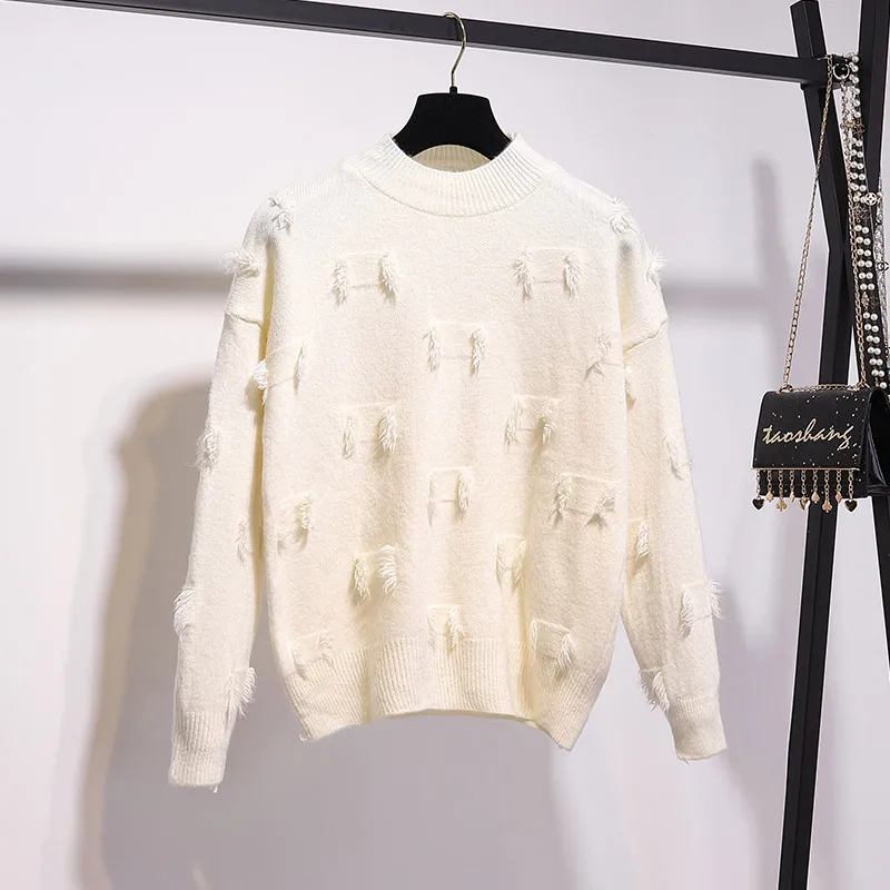 White Sweater Trytree осенне-зимний комплект из двух предметов, повседневный однотонный Свободный Топ с круглым вырезом и кисточками+ штаны с карманами на завязках, офисный Женский комплект из 2 предметов - Цвет: White Sweater