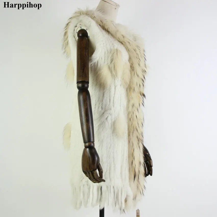 Harppihop меховой натуральный меховой жилет из натурального кроличьего меха вязаный жилет с капюшоном длинное пальто куртки для женщин зимние V-211-05