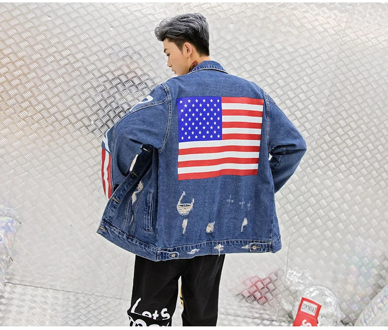 BF High Street джинсовая куртка мужская осень зима американский флаж Полосатый Принт Свободные дыры рваные джинсовая куртка Мужская Уличная одежда