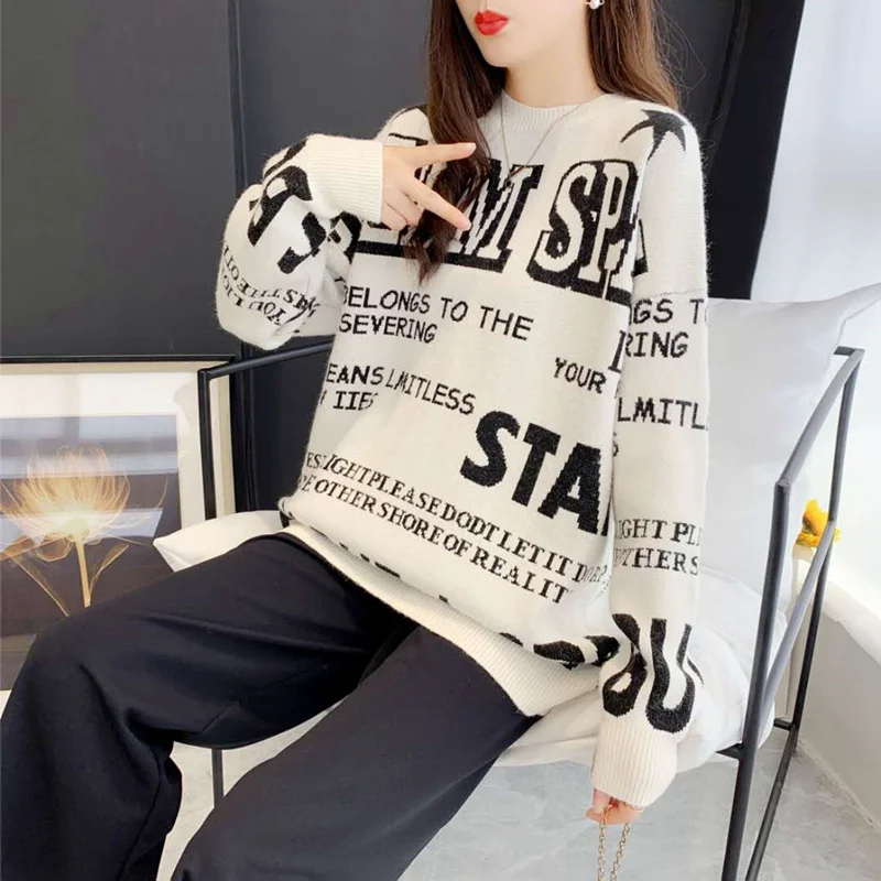 

New Mid Length Knitting Sweater Women's Age Reduced Thicken Letter Casual Loose Large Size Top Korean Bottom Pullovers