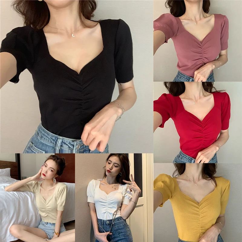 

Female Girls Short Puff Sleeve T-shirt Women Summer Vintage Thin V-neck Slim Knitted Sweater Short Design Shirts Pullover Tops T