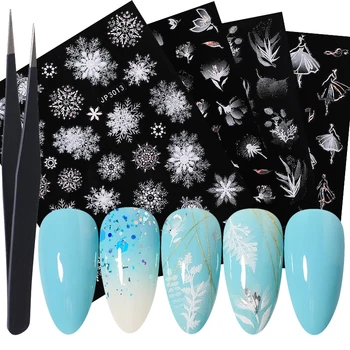 

Snowflakes Flower 3D Stickers with Tweezer Set Laser Gold Transfer Decals Stickers for Nails Leaf Heart Butterfly Slider Decor