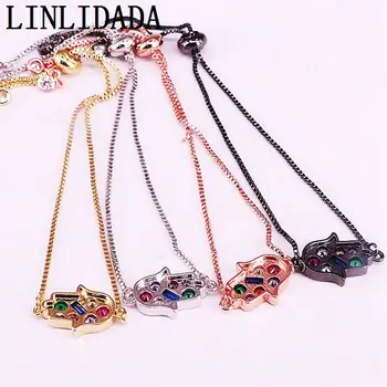 

8Pcs Colorful Zirconia Rainbow CZ Hamsa Hand Connector Link Chain Adjusted Bracelet
