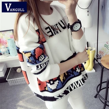 

Vangull Letter Print Sweater Preppy Style Knitted Pullovers 2019 Autumn Fashion Long Sleeve O-Neck Women Sweaters and Pullovers