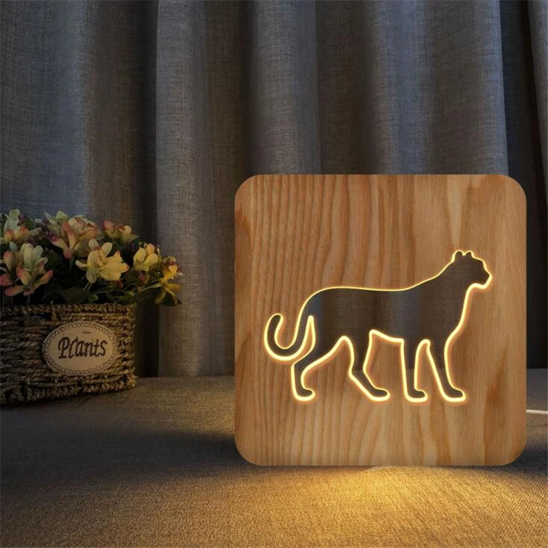 Деревянное животное в виде гепарда 3D иллюзия животных USB Светодиодная настольная