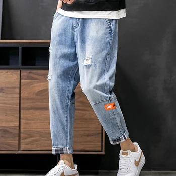 

Spring New Ripped Jeans Men Loose Jeans Plus Size XL Nine Points Harem Pants Trendy Teenager Jeans Boy