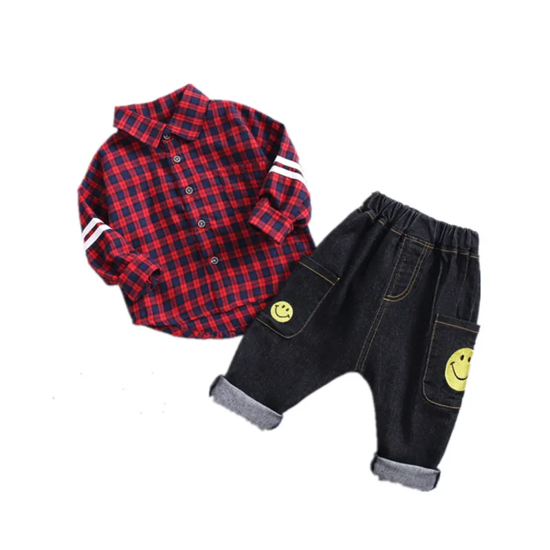 

New Baby Boys Clothing Children Clothes Suit Fashion Lapel Plaid Shirt Pants 2Pcs/Sets Kid Toddler Infant Leisure Costume