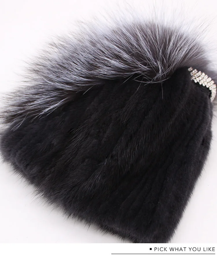 020120 новые модные популярные зимние аксессуары для женщин Skullies& Beanies Регулируемая основа вязаная шапка из меха норки и лисы