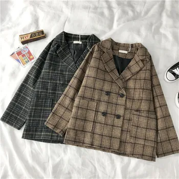 

Vintage Woolen Coat 2020 new Long Plaid Suit Female Autumn Winter Jackets Women Korean Loose Wool Coats Woman Outerwear V1230