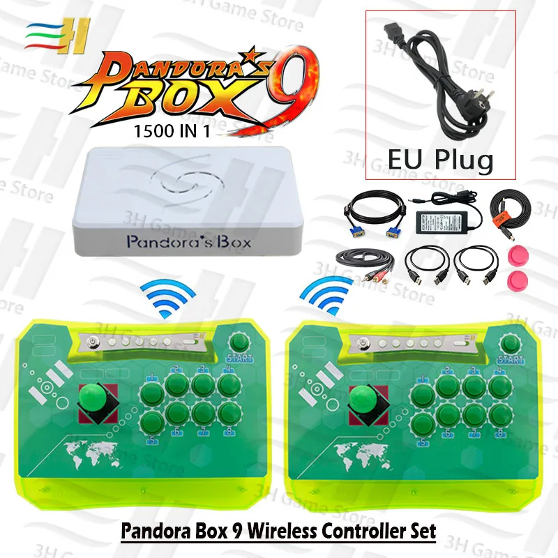 9 2P green EU Pandora box 9 1500 в 1 Набор беспроводных контроллеров, 2 игрока, аркадная палка, джойстик, кнопка, консоль, zero derlay, подключи и играй, pacman - Цвет: 9 2P green EU