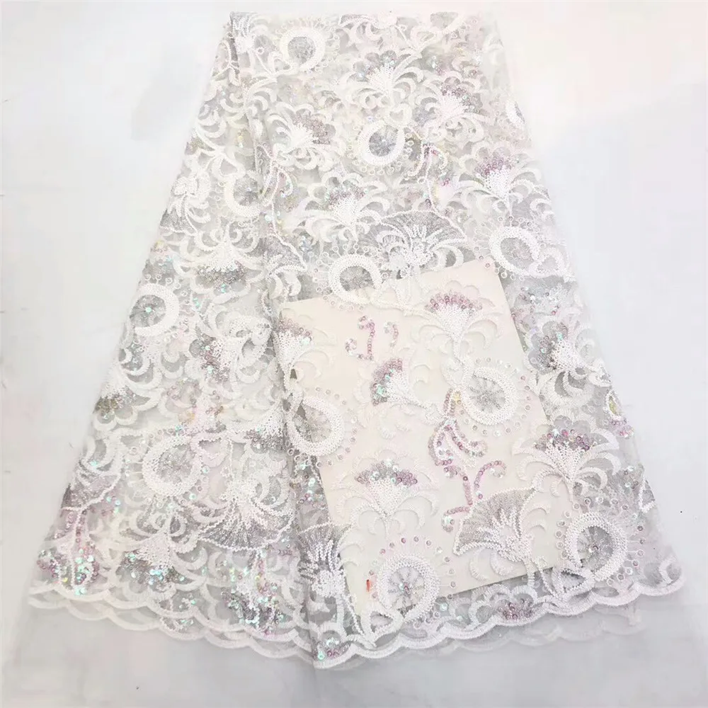 

2020 white sequins Nigerian Laces Fabric High Quality French Tulle Lace Fabric For Women Dress