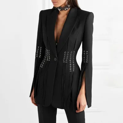 black blazer Офисный женский черный блейзер Ранняя весна модный приталенный Блейзер с кисточками Женский блейзер - Цвет: black blazer