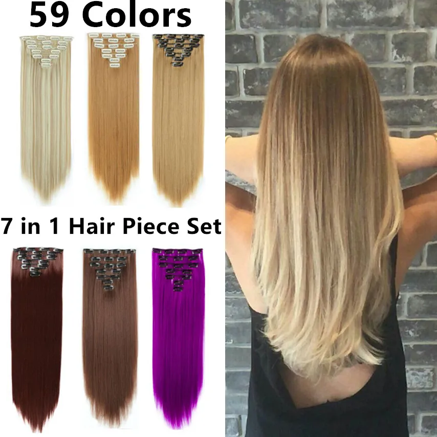 

SHUOHAN 22 Inch Clip-in Synthetic Hair Piece Extension Straight Clip In Heat Resistant Blonde Purple Winered Brown Gray White