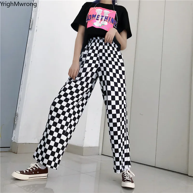 

Korean String Elastic Waist Loose Straight Tracksuit Checkerboard Plaid Trouser Hip Hop Streetwear Pant Harajuku Sweatpant Harem