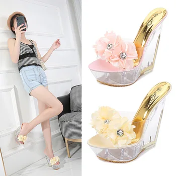 

Platform Sexy Open-toed Cool Slippers High Transparent Flowers Slope Crystal Sandals Women High Heel Waterproof