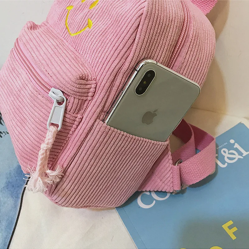 

Korean-style New Style Corduroy Backpack Men And Women Canvas Children School Bag Smiley Printed Backpack Versatile Casual Schoo