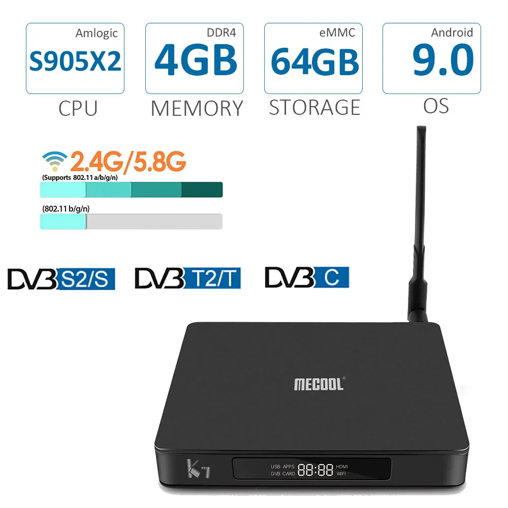 Mecool tv Box 4 Гб DDR4 64 Гб rom Android 9,0 Amlogic S905X2 DVB T2 DVB S2 DVB C двойной WiFi 4K светодиодный антенна дисплея K7 телеприставка