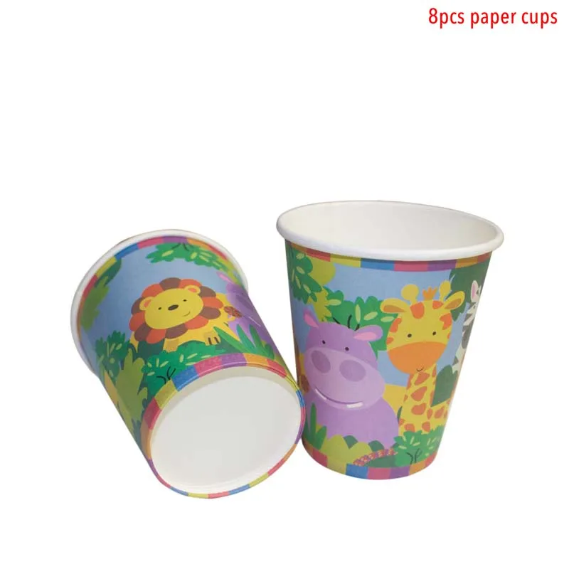8pcs paper cups Джунгли День рождения одноразовой посуды сафари джунгли вечерние украшения с изображением животных из джунглей одноразовые тарелки салфетки для стаканчиков - Цвет: 8pcs paper cups