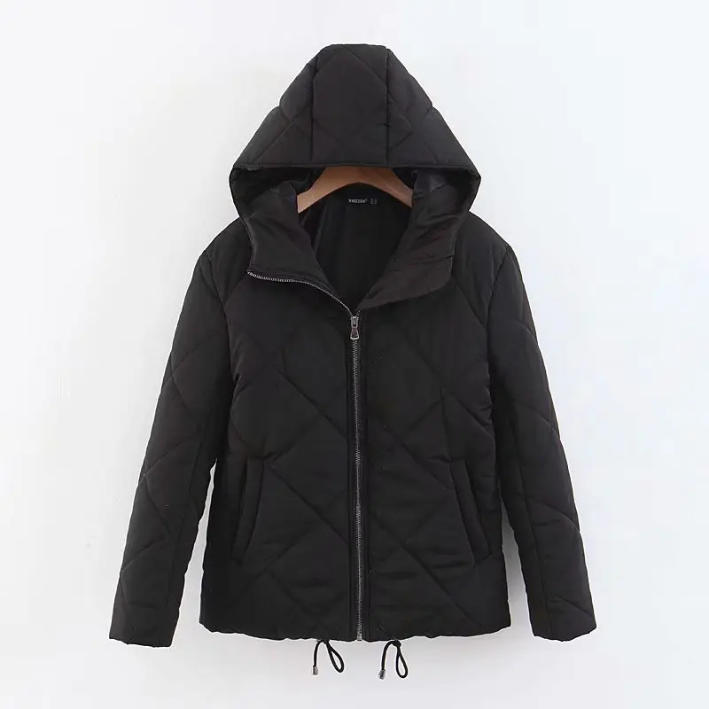 

2018 Winter New Products Western Style Casual Warm Diamond Lattice Long Sleeve Hooded Cotton Overcoat Women's Zipper Cotton Coat