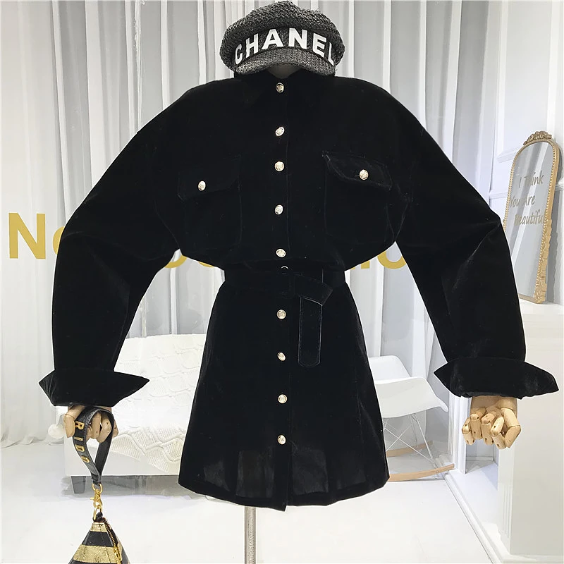 ALPHALMODA Autumn and Winter New Style Velvet Shirt Dress Women's Turn-dow Collar Pocket Single Breasted Sashes Dress