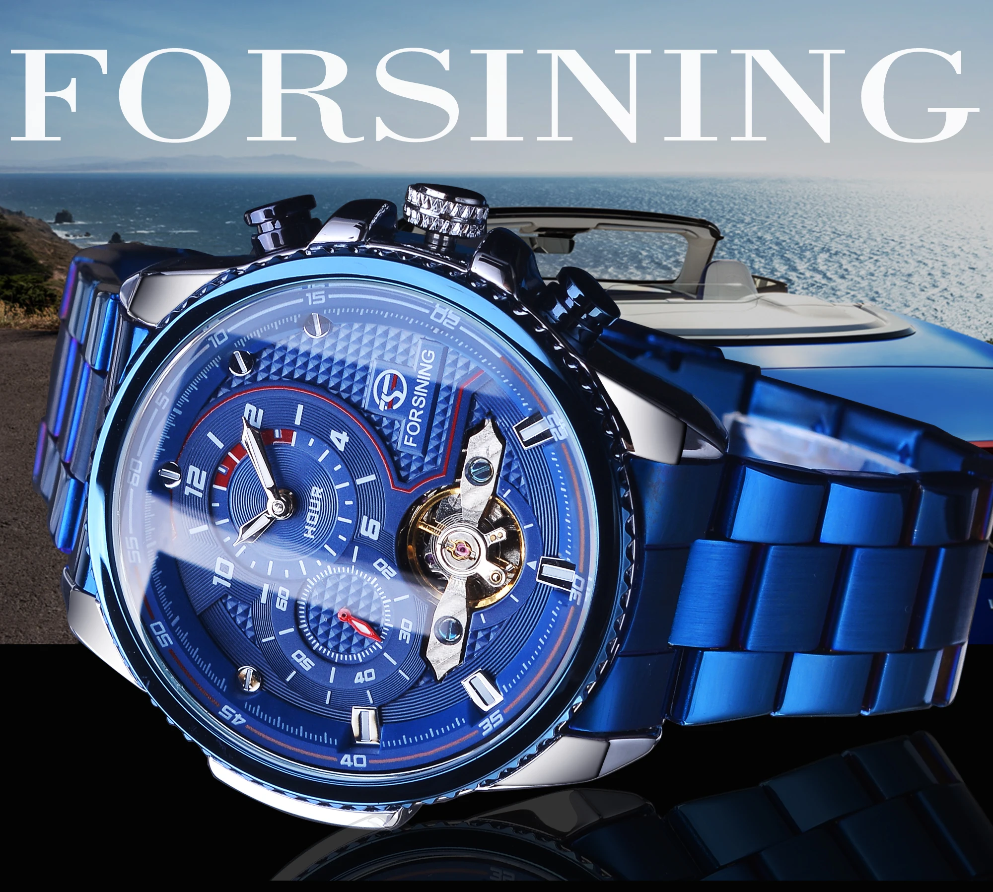 Forsining Orologio meccanico automatico da uomo Tourbillon Orologi da polso da uomo Orologi impermeabili Orologio da polso di lusso blu Relojes Hombre_voghion.com