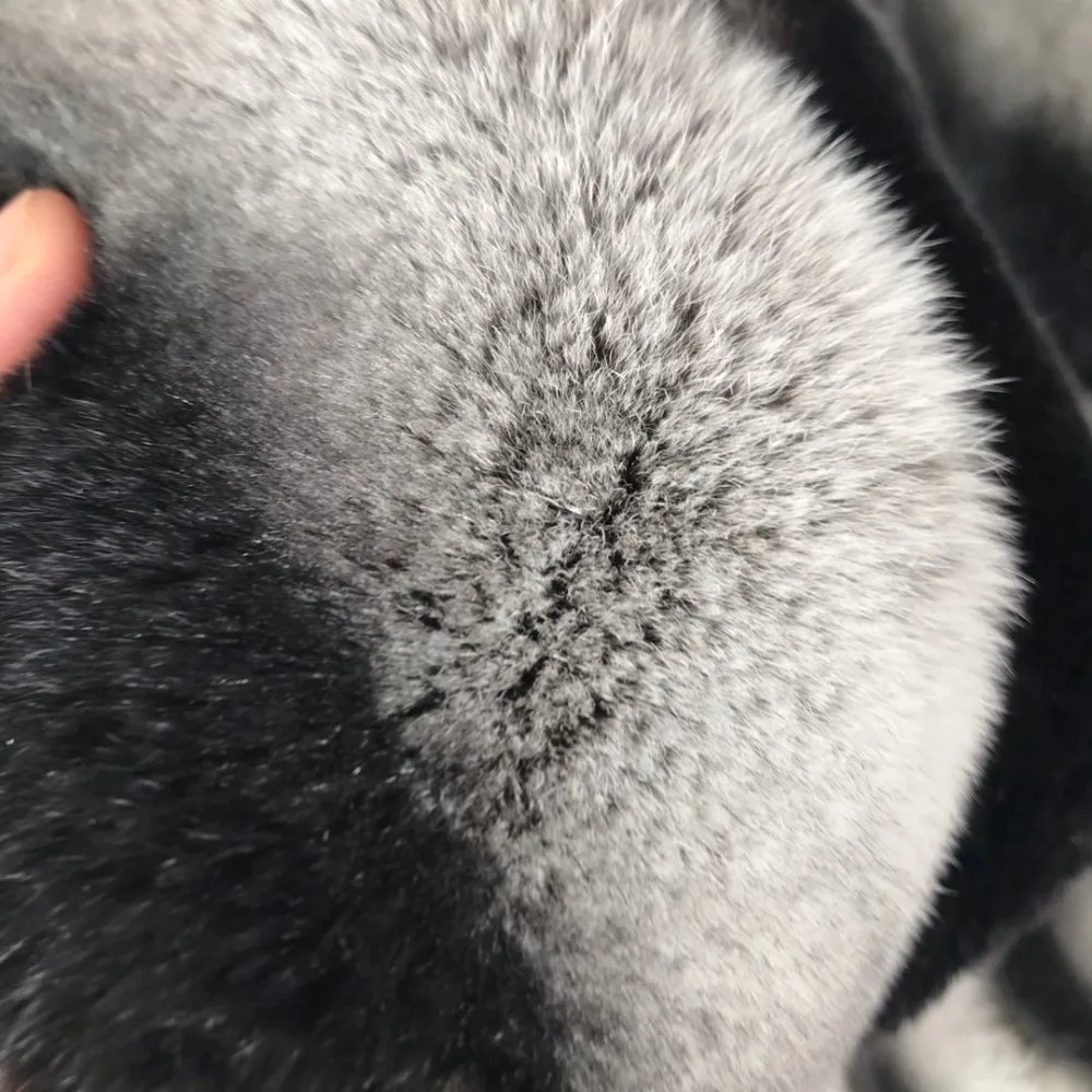 YZ Future Natural Rex Rabbit Fur Coat Long Sleeve Chinchilla Color Fur Long Jackets Striped Pattern with Big Collar Warm coat