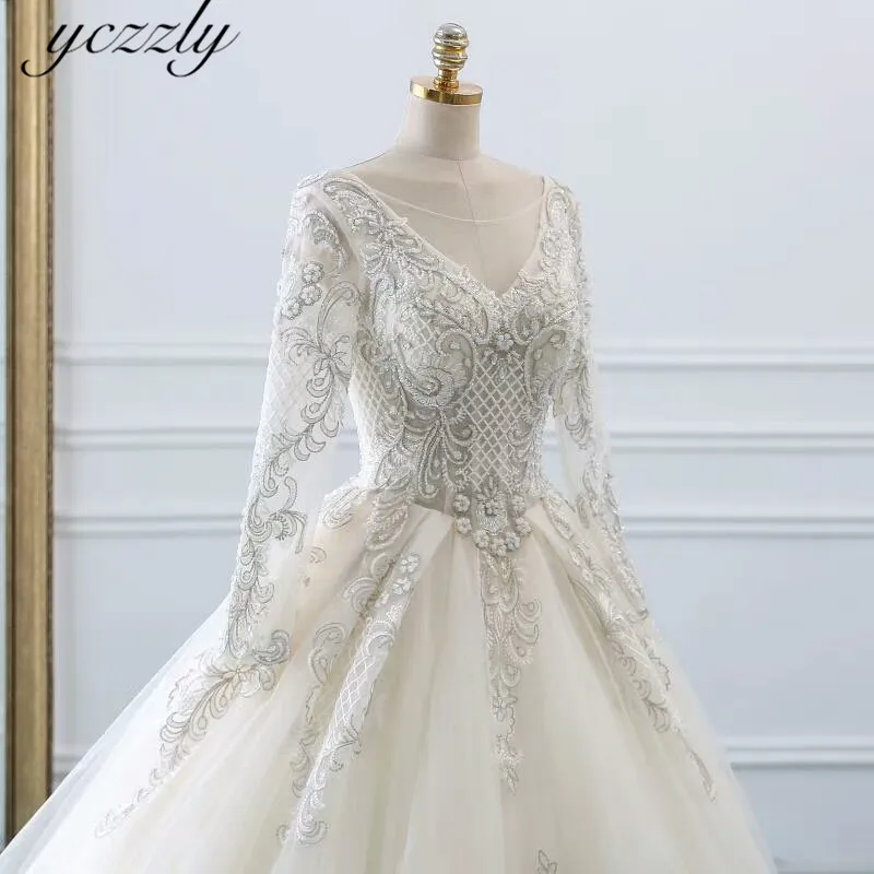 Vestido Novia роскошное бальное платье Дубай с длинными рукавами кружево с аппликацией и бисером свадебное платье плюс размер платье невесты Gelinlik YW49