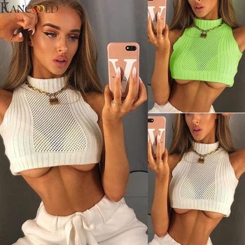 

KANCOOLD Women Mesh Round Neck Fashion Sleeveless Halter Knit Cutout Short Vest European Version style sleeveless white Green