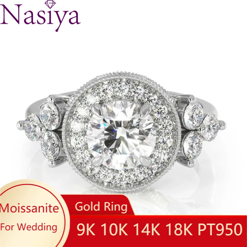 NASIYA 14K 585 белого золота центр 1ct 6 5 мм EF Цвет Муассанит Halo Обручение кольцо для Для
