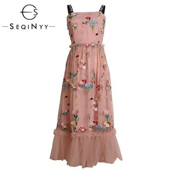 

SEQINYY Strapless Midi Dress 2020 Summer Spring New Fashion Design Women Embroidery High Quality Flowers Mesh Ruffle Sweet Dress