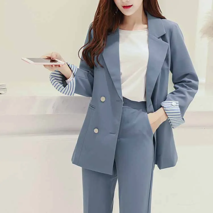 Heydress осенний однотонный двубортный Блейзер, костюм для офисной леди, элегантные брюки, костюм комплект из двух предметов - Цвет: blue