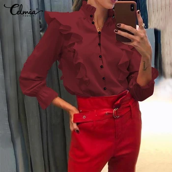 

Vintage Women Buttons Blusas 2020 Celmia Autumn Long Flare Sleeve Striped Blouses Plus Size Tops Casual Loose Shirts Femininas