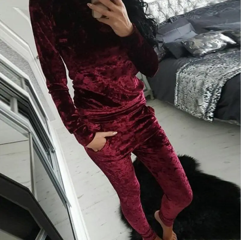 3XL 6 цветов Бархатный спортивный костюм женский костюм Бархатный комплект топ с длинными рукавами велюровый спортивный костюм наборы для женский спортивный костюм - Цвет: wine red