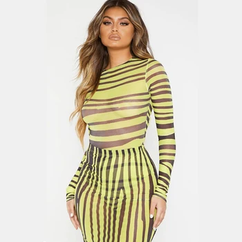 

Women Fashion Casual Zebra Print Mesh Perspective Sets Long Sleeve Round Collar Bodysuit + Mid-length Skirt Suits Party Clubwear