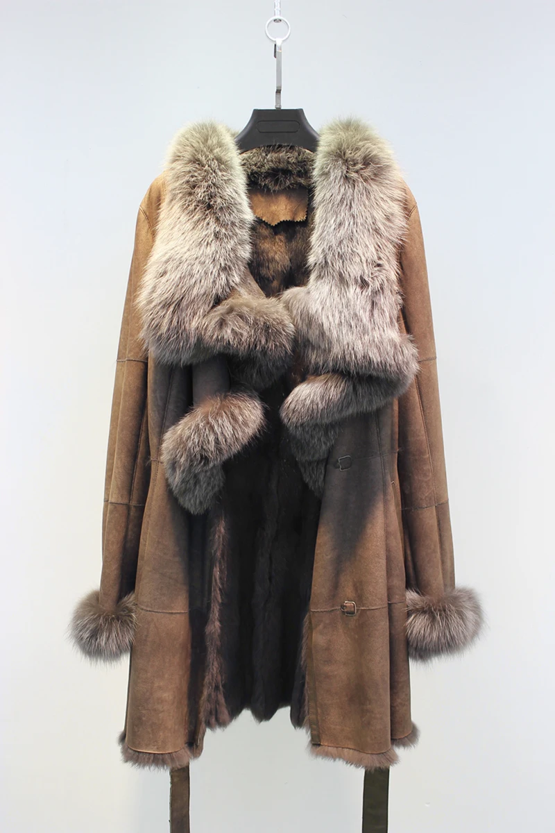 CLEARANCE women's winter casual luxury fox fur collar sheep fur sheepskin genuine leather shearling wool lining long overcoat
