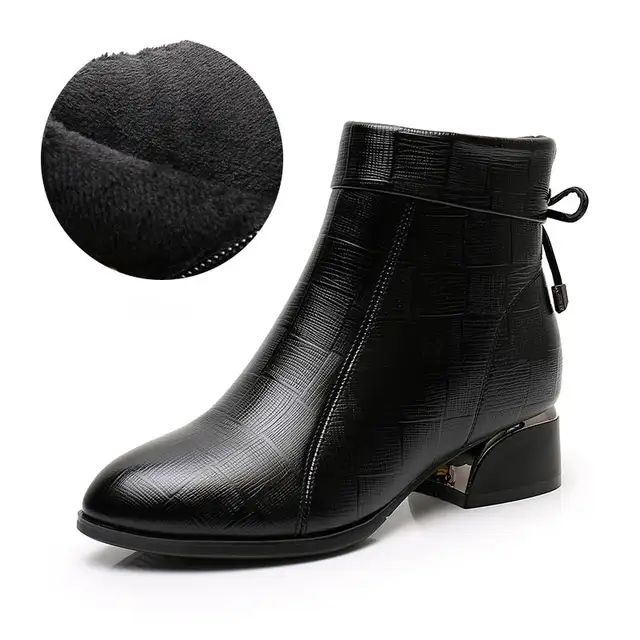 GKTINOO New Ankle Boots Women Pointed Toe Thick Heels Genuine Leather Shoes Short Boots Soft Sole Footwear Plus Size 35-43 black thin plush