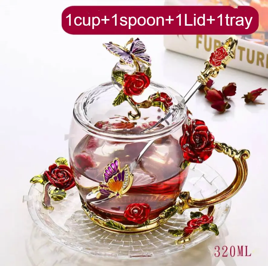 1cupspoon1lid1saucer Красная роза, эмалированное стекло, кофейные кружки чашки для чая и кружки, ручной работы, термостойкие стаканы, стакан для воды, посуда для напитков, подарок для влюбленных, свадебная чашка - Цвет: 1cupspoon1lid1saucer