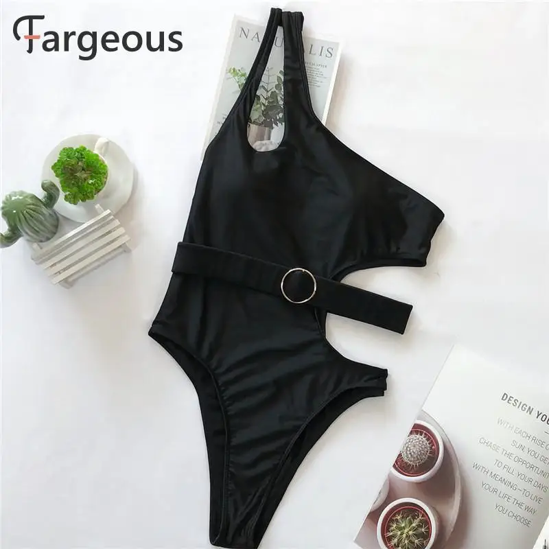 Fargeous Черный выдалбливают комплект из 1 предмета Для женщин пляжное сексуальное платье на одно плечо купальники женские летние каникулы банная боди