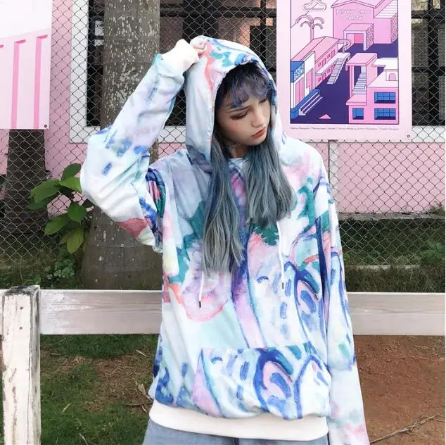 Осень Корея Harajuku bf ветер хип хоп цветной Галстук окрашенный Свободный пуловер с капюшоном Женская толстовка