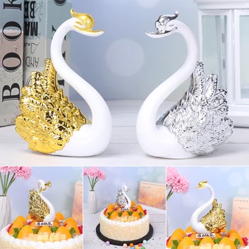 

Gold Silver Feather Swan Crown Ornate Happy Birthday Cake Decor Swan Cake Topper Party Valentine's Day Wedding Cake Supplies