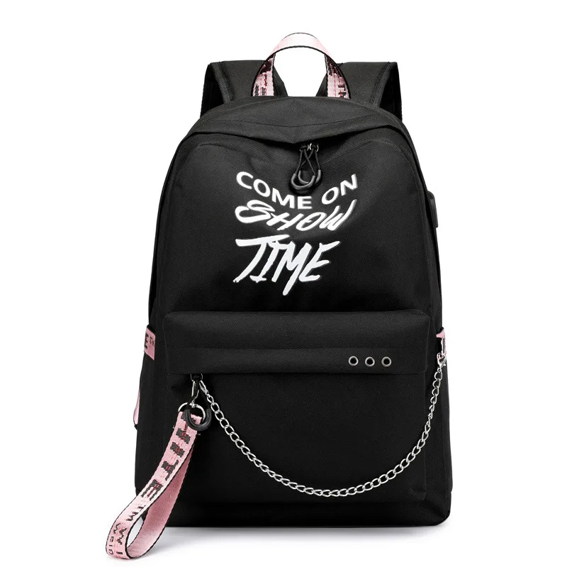 Black Pink USB хип-хоп Дамский рюкзак Выкл модные белые женские сумки Высокое качество большой емкости Студенческая сумка повседневные дорожные рюкзаки - Цвет: Black Pink
