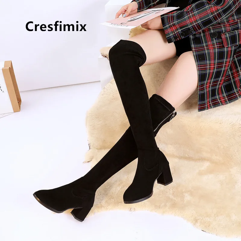 Cresfimix botas/женские модные высокие сапоги выше колена высокого качества на высоком каблуке Женская Повседневная Милая зимняя обувь черного цвета крутые сапоги a7071