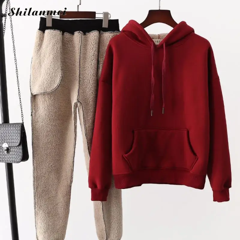 

2019 Autumn Winter Casual 2 Piece Tracksuit Grey Black Women Thicken Hooded Sweatshirt And Sweatpants 2 Pieces Sets Sweatsuit